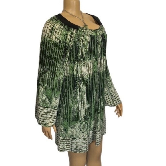 Beige By Eci Dress Mini Mod Tunic Boho Retro Green Black bell sleeves size M - Picture 4 of 14
